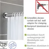 A shower curtain rod with a white shower curtain attached, mounted on a tiled wall. Text overlays describe the product's features. Náhled obrázku produktu