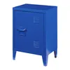 A blue metal nightstand with a single door and four legs, shown against a white background. Podgląd zdjęcia produktu