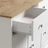 A close-up view of a white sideboard with a wooden top, showing an open drawer and drawer slides. Voir les images du produit