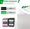 Ink cartridges and a stack of paper with marketing text about yield. Produktbild-Vorschau