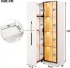 A diagram showing the dimensions of a white cabinet with glass doors and internal lighting. Produktbild-Vorschau