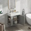 A modern bathroom vanity with a sink and storage cabinet, featuring a bathtub and other bathroom accessories in the background. Produktbild-Vorschau
