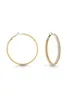 Two gold hoop earrings are displayed against a white background. One earring is larger and plain, while the other is smaller and adorned with small, clear stones along its surface. Náhled obrázku produktu