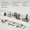 A collection of cordless vacuum cleaner parts and accessories laid out on a light gray surface. Produktbild-Vorschau