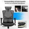 A marketing image showing a black ergonomic office chair with text highlighting its features. Náhled obrázku produktu