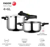 Two stainless steel pressure cookers are displayed on a white background, with marketing text and icons below. Náhľad obrázku produktu