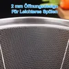 Close-up of a metal mesh sieve with text overlay. Produktbild-Vorschau