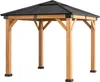 A wooden gazebo with a black metal roof, shown from the front on a white background. Produktbild-Vorschau