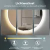A collage of three images showing a mirror with LED lighting, demonstrating different light color temperatures and features. Produktbild-Vorschau