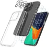 A clear plastic phone case, screen protector, and camera lens protectors are displayed with an iPhone. Produktbild-Vorschau