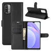 A black flip case for a Xiaomi Redmi 9T phone, shown open with the phone inserted and a folded flap. Produktbild-Vorschau