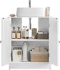 A white bathroom vanity cabinet with a sink on top, open doors showing storage shelves with various bathroom items. Produktbild-Vorschau