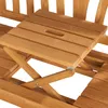 A close-up view of a wooden garden bench with a pull-out table. Produktbild-Vorschau