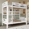 A white bunk bed with shelves, a stuffed giraffe, and bedding in a child's room. Produktbild-Vorschau