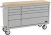 A stainless steel rolling tool chest with a wooden top, shown on a white background. Produktbild-Vorschau