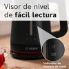 A close-up of a black electric kettle with a water level indicator and a magnified view of a cup indicator. Podgląd zdjęcia produktu