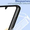 A close-up of a black phone case, with a transparent phone case partially visible behind it. Text overlays describe the product's features. Produktbild-Vorschau