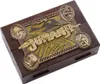 A close-up, angled view of the Jumanji board game box, showcasing its intricate jungle-themed carvings and the game's title. Náhľad obrázku produktu