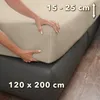 Hands are shown adjusting a fitted sheet on a mattress. The sheet is a light beige color. Produktbild-Vorschau