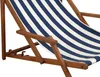 A close-up view of a wooden deck chair with blue and white striped fabric. Produktbild-Vorschau