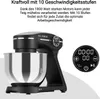A black KLAMER stand mixer with a silver bowl is shown, with text describing its features and a close-up of its digital display. Produktbild-Vorschau