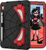 A black and red iPad case with a spiderweb design and built-in stand, shown next to an iPad displaying a cartoon character. Produktbild-Vorschau