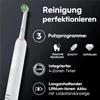 A close-up of an electric toothbrush with feature descriptions and icons. Produktbild-Vorschau