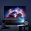 A child sits on the floor watching a projector display a fantasy scene on a wall. Produktbild-Vorschau