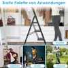 A collage of images showing a foldable step stool in different settings: a closet, a warehouse, a studio, and outdoors. The top section shows the step stool in a closet with a person using it. The bottom left shows a man in a warehouse with the step stool. Produktbild-Vorschau