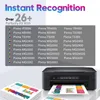 A marketing image showing a printer and a list of compatible printer models, along with stacks of paper with charts. Produktbild-Vorschau