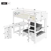 A diagram showing the dimensions of a white bunk bed with a desk and sofa. Produktbild-Vorschau