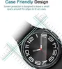 A close-up of a smartwatch face with measurement graphics overlaid, illustrating its case-friendly design. Produktbild-Vorschau
