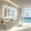 A modern bathroom with a large LED mirror, double sinks, and a view of the ocean. Podgląd zdjęcia produktu