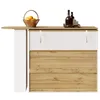 A modern bar table with a white and wood finish, featuring a basket of oranges and bottles on top. Anteprima dell’immagine prodotto