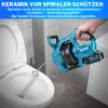 A person is using a blue drain cleaning auger to clear a toilet bowl. The image includes German text overlays. Produktbild-Vorschau
