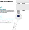 A close-up of a white electric heating element for a towel radiator, with text describing its two operating modes. Voir les images du produit