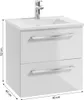 A white bathroom vanity with a sink and faucet, showing dimensions. Produktbild-Vorschau