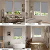 Collage of four different room settings showcasing a gray roller blind. Produktbild-Vorschau