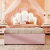 A pink princess-themed bed with a crown-shaped headboard and LED lighting. Produktbild-Vorschau