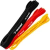 Three resistance bands of different colors and resistance levels are laid out diagonally on a white background. Produktbild-Vorschau
