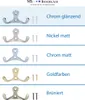 A collage showing different finishes of coat hooks with accompanying screws and descriptive text. Produktbild-Vorschau