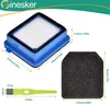 A set of vacuum cleaner filters and a cleaning brush with dimensions indicated. Produktbild-Vorschau