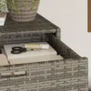 A close-up view of a grey rattan storage cabinet with books and scissors on top. Náhled obrázku produktu