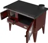 A maroon wood-burning stove with a black cooktop and open doors, displayed on a white background. Produktbild-Vorschau