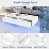 A collage showing a white coffee table with LED lights, featuring close-ups of its storage features and ample tabletop space. Voir les images du produit