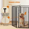 A golden retriever dog is inside a black metal dog playpen. The image highlights features of the playpen with text and close-up diagrams. Podgląd zdjęcia produktu