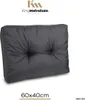 A dark gray cushion is shown against a white background, with branding and size information displayed. Produktbild-Vorschau