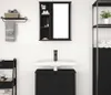 A modern bathroom setting with a black vanity, sink, mirror, and shelving. Produktbild-Vorschau