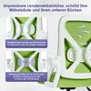 Close-up of a green and white office chair, highlighting its lumbar support features with text overlays and diagrams. Produktbild-Vorschau