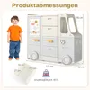 A child stands next to a toy storage unit shaped like a bus, with dimensions and weight capacity indicated. Náhľad obrázku produktu